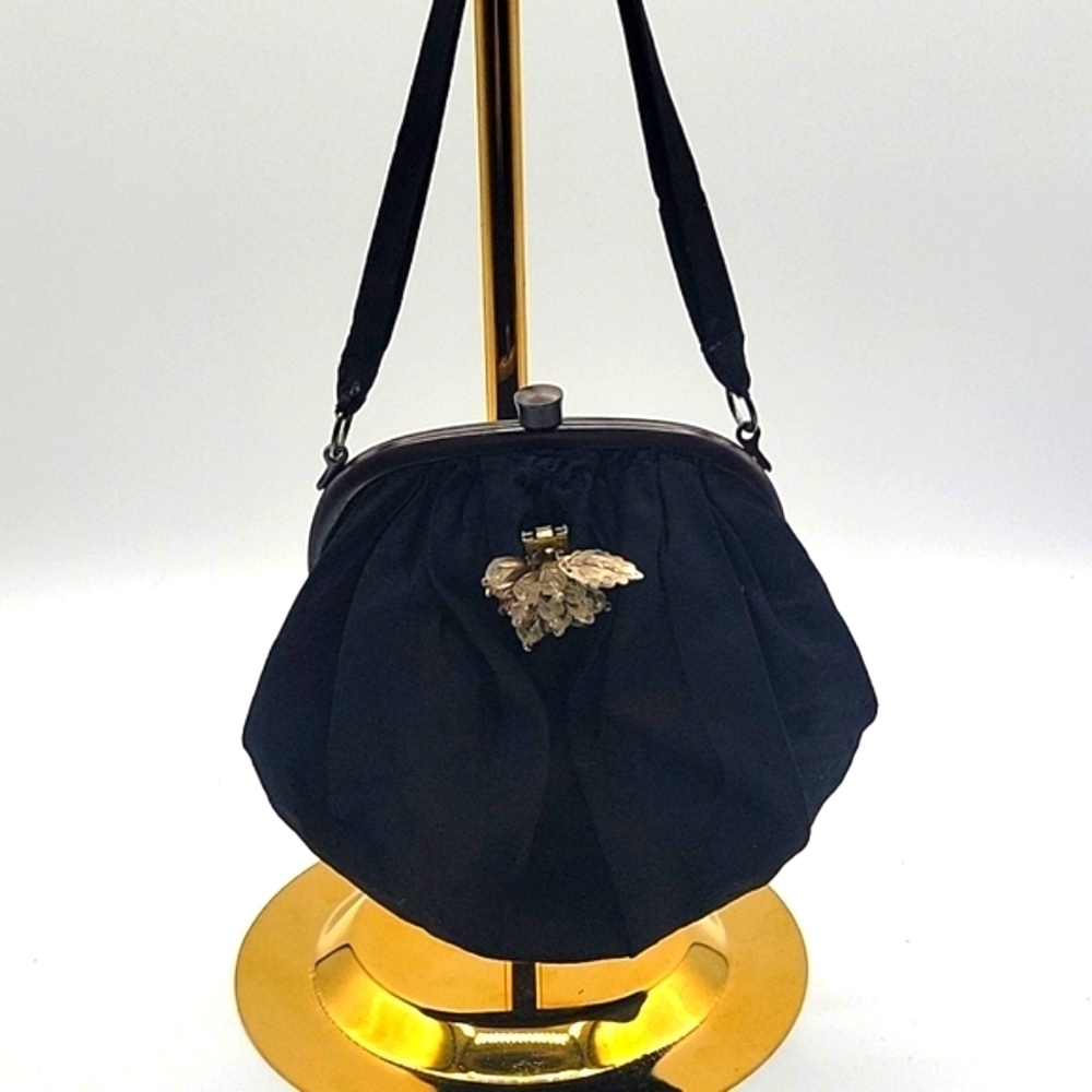 Vintage Evening Bag Black Material Jeweled Beaded Detail Built in Coin Purse